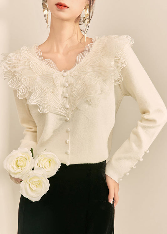 Französisch-beiges Patchwork-Stricktop mit Rundhalsausschnitt für den Frühling