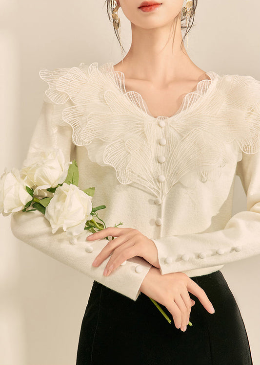 Französisch-beiges Patchwork-Stricktop mit Rundhalsausschnitt für den Frühling