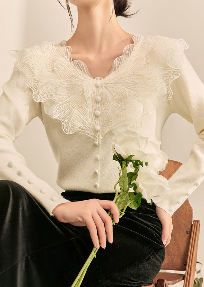 French Beige O Neck Patchwork Knit Top Spring