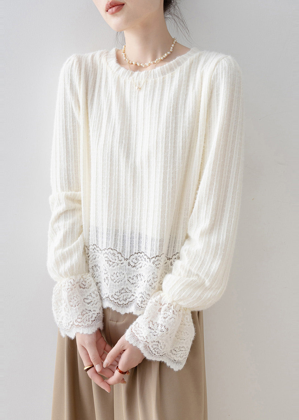 French Beige Oversized Patchwork Warm Fleece Shirt Tops Flare Sleeve