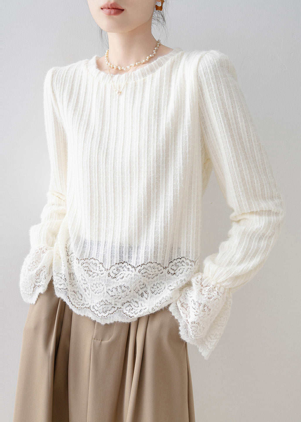 French Beige Oversized Patchwork Warm Fleece Shirt Tops Flare Sleeve