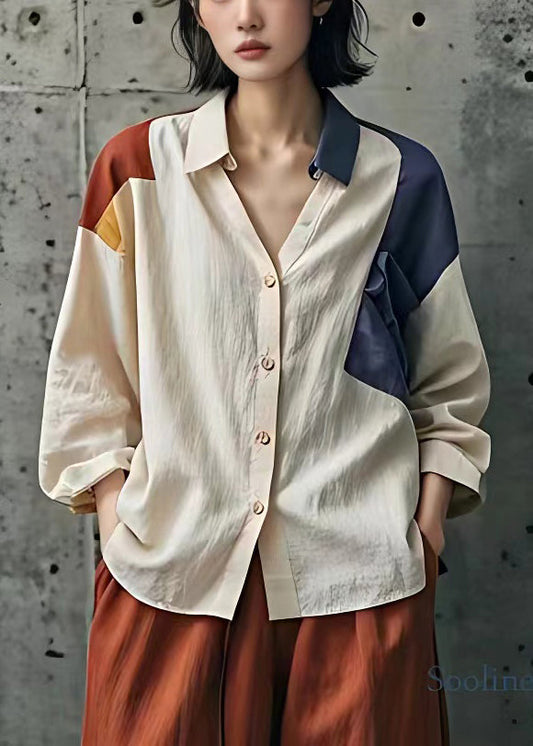 Französische beige Peter Pan Kragen Knopf Baumwolle Bluse Herbst