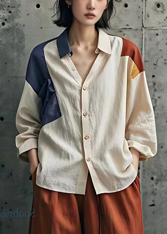 Französische beige Peter Pan Kragen Knopf Baumwolle Bluse Herbst