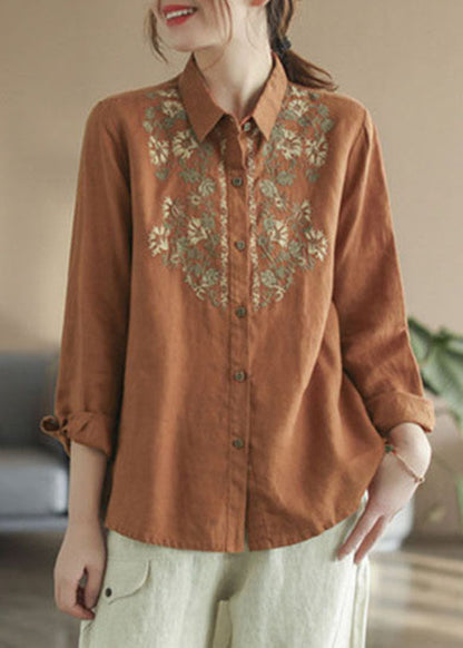 French Beige Peter Pan Collar Embroideried Linen Shirt Tops Spring