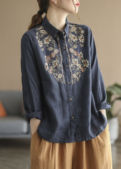French Beige Peter Pan Collar Embroideried Linen Shirt Tops Spring