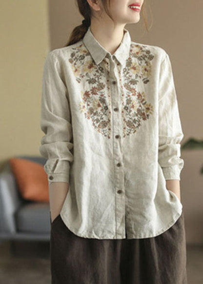 French Beige Peter Pan Collar Embroideried Linen Shirt Tops Spring
