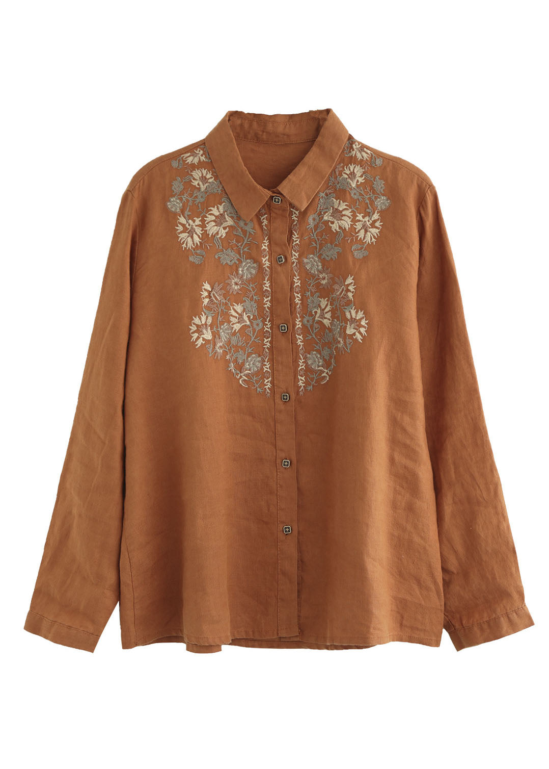 French Beige Peter Pan Collar Embroideried Linen Shirt Tops Spring