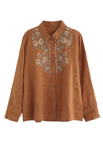 French Beige Peter Pan Collar Embroideried Linen Shirt Tops Spring