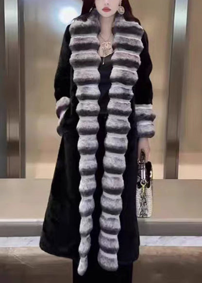 French Beige Peter Pan Collar Totoro Patchwork Leather And Fur Long Coat Winter