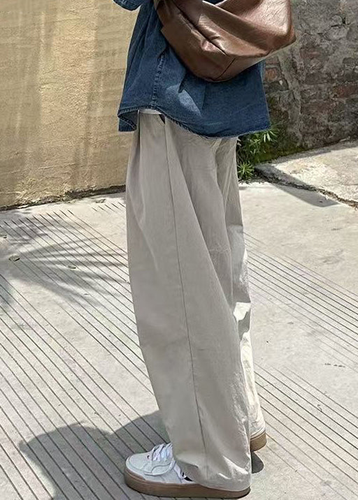 French Beige Pockets Solid Elastic Waist Cotton Mens Pants Summer