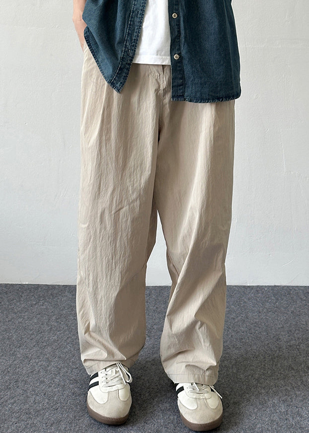 French Beige Pockets Solid Elastic Waist Cotton Mens Pants Summer