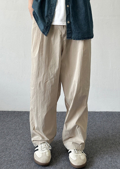 French Beige Pockets Solid Elastic Waist Cotton Mens Pants Summer