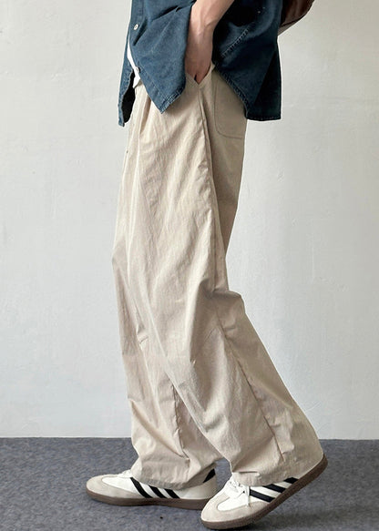 French Beige Pockets Solid Elastic Waist Cotton Mens Pants Summer