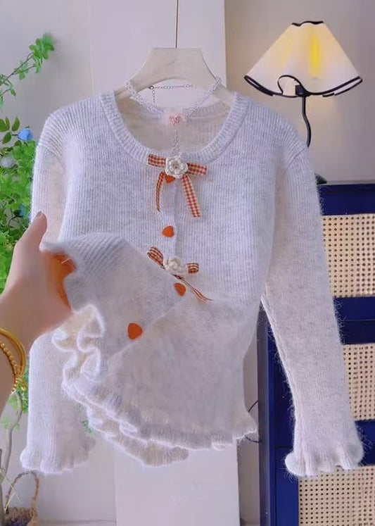 French Beige Ruffled Floral Knit Sweaters Spring