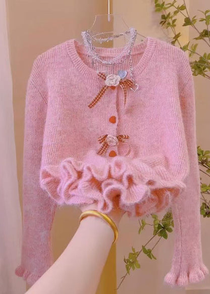 French Beige Ruffled Floral Knit Sweaters Spring