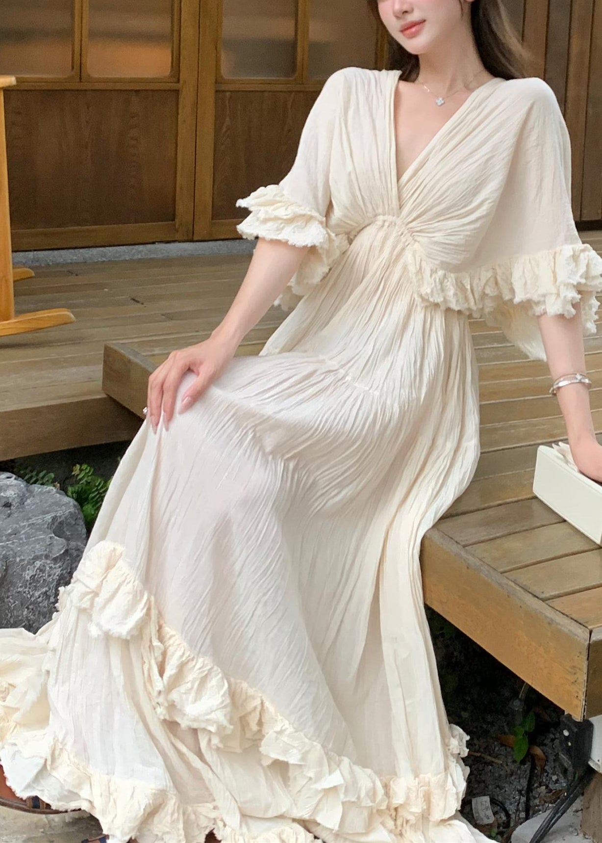 French Beige Ruffled Patchwork Cotton Long Dresses Summer