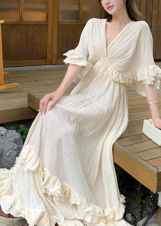 French Beige Ruffled Patchwork Cotton Long Dresses Summer