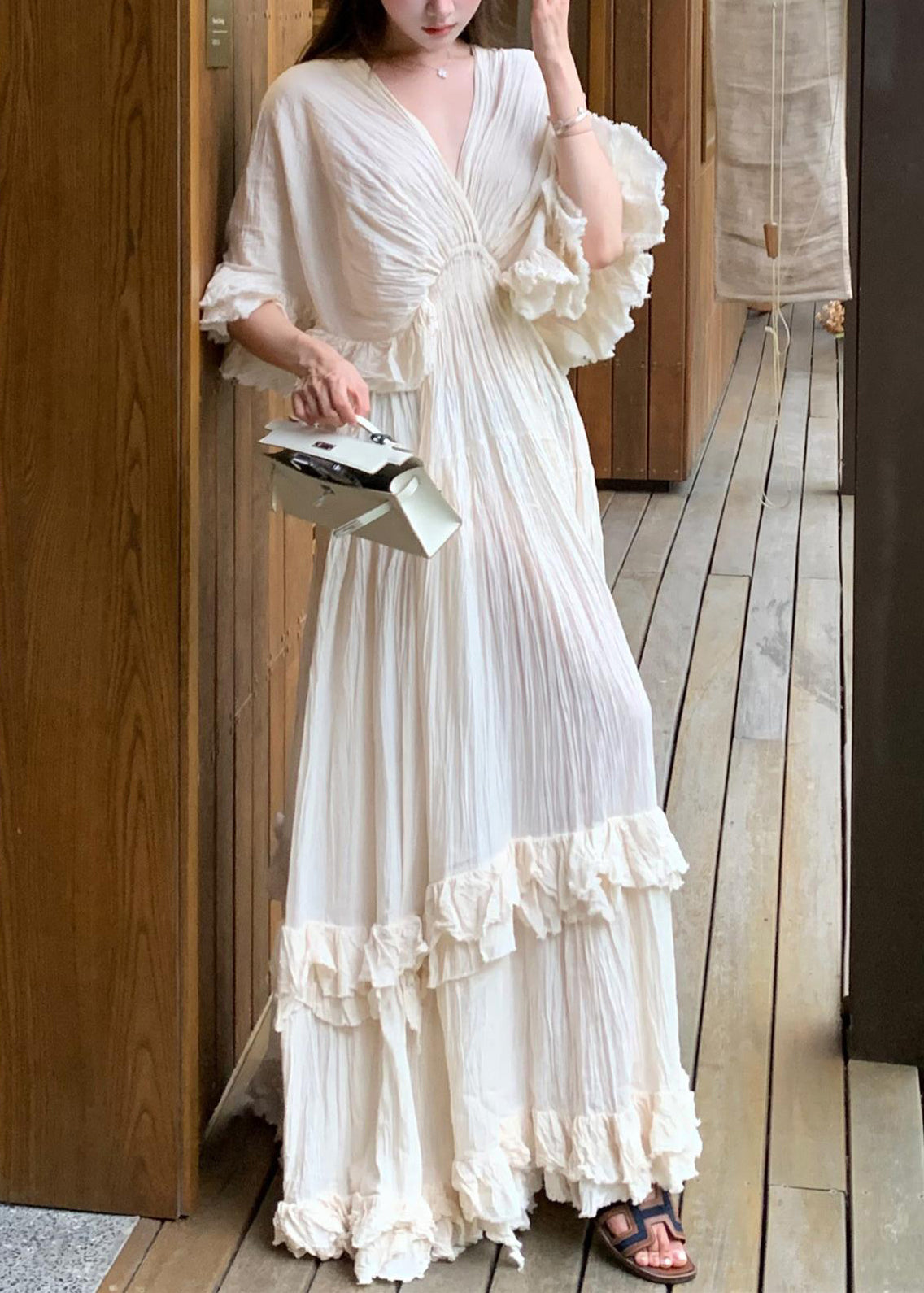 French Beige Ruffled Patchwork Cotton Long Dresses Summer