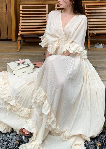 French Beige Ruffled Patchwork Cotton Long Dresses Summer