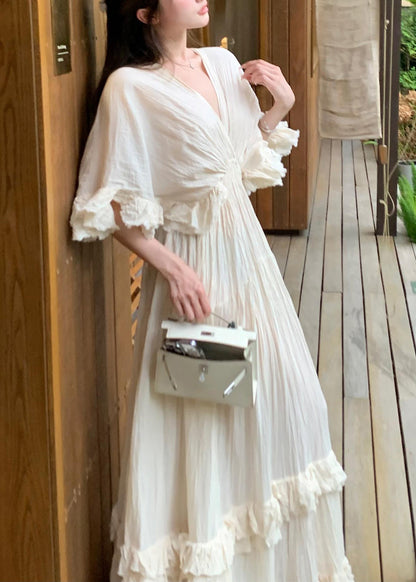 French Beige Ruffled Patchwork Cotton Long Dresses Summer