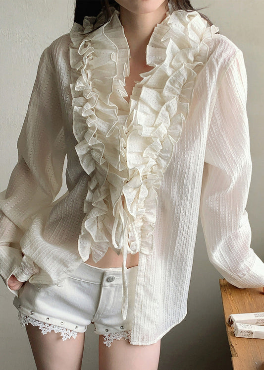 French Beige Ruffled Patchwork Cotton Shirt Tops Fall