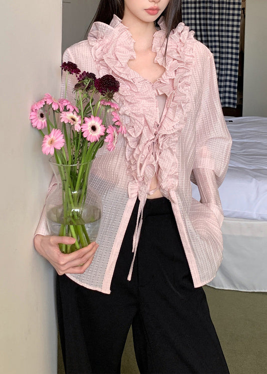 French Beige Ruffled Patchwork Cotton Shirt Tops Fall