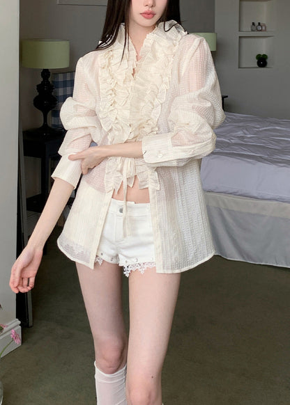 French Beige Ruffled Patchwork Cotton Shirt Tops Fall