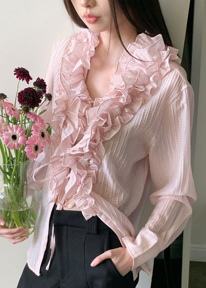 French Beige Ruffled Patchwork Cotton Shirt Tops Fall