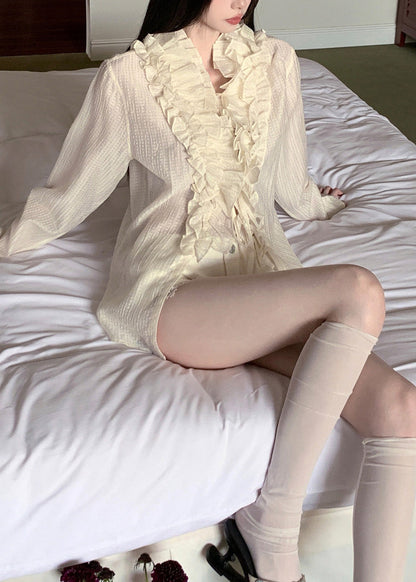 French Beige Ruffled Patchwork Cotton Shirt Tops Fall
