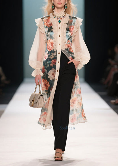 French Beige Ruffled Patchwork Print Chiffon Shirt Dresses Summer