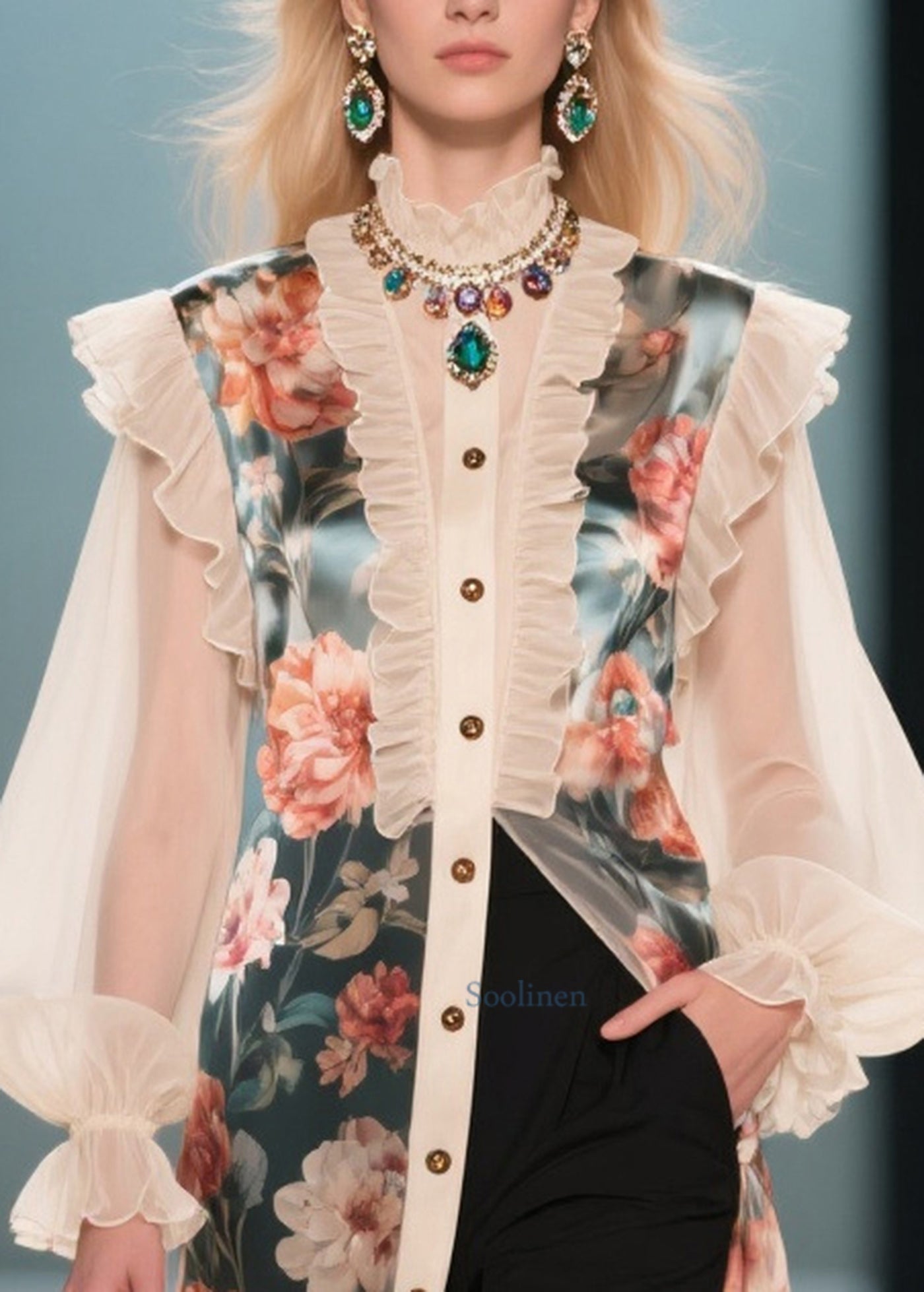 French Beige Ruffled Patchwork Print Chiffon Shirt Dresses Summer