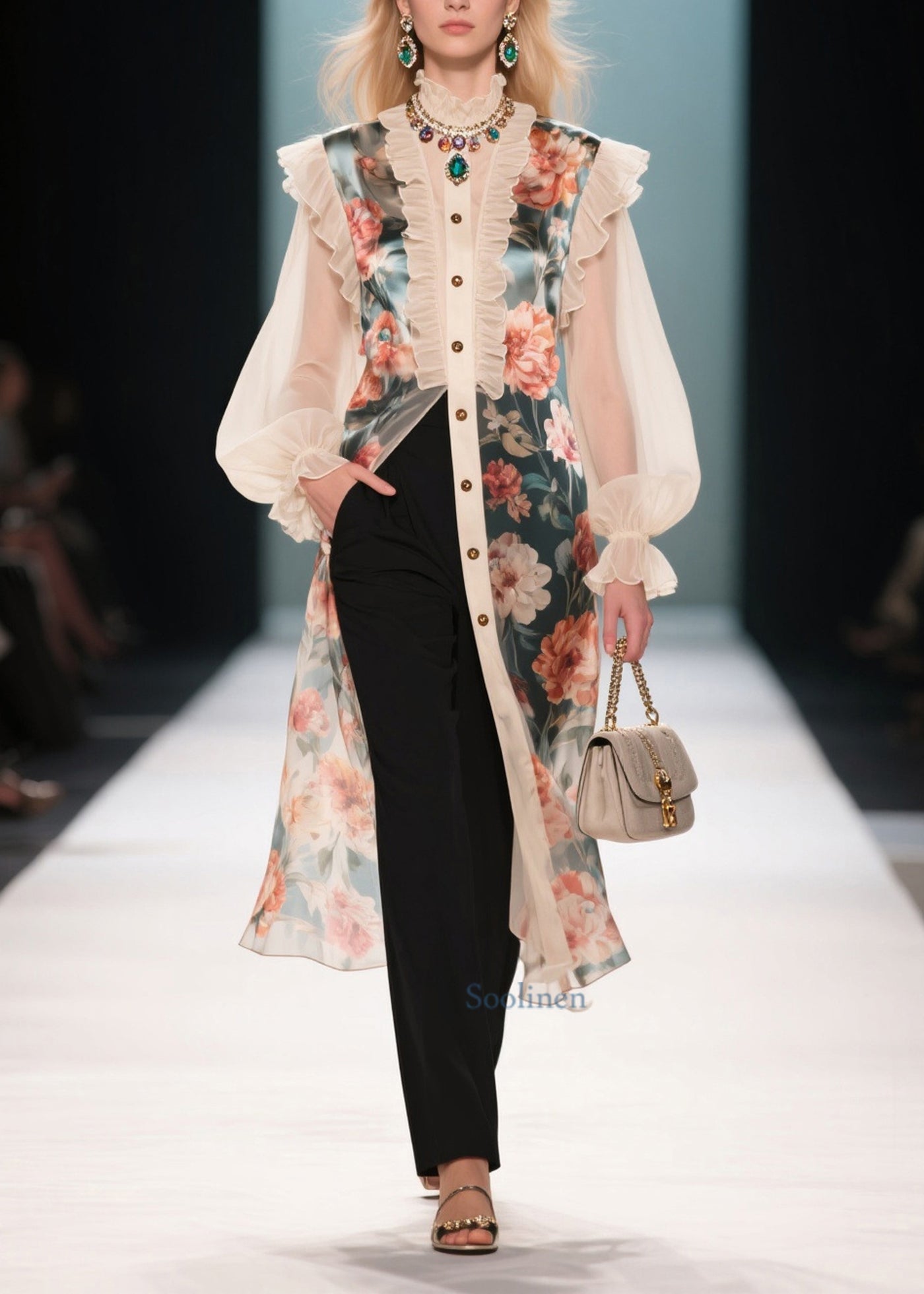 French Beige Ruffled Patchwork Print Chiffon Shirt Dresses Summer