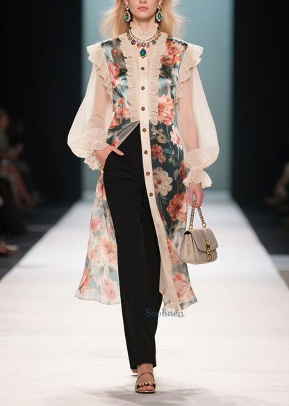 French Beige Ruffled Patchwork Print Chiffon Shirt Dresses Summer