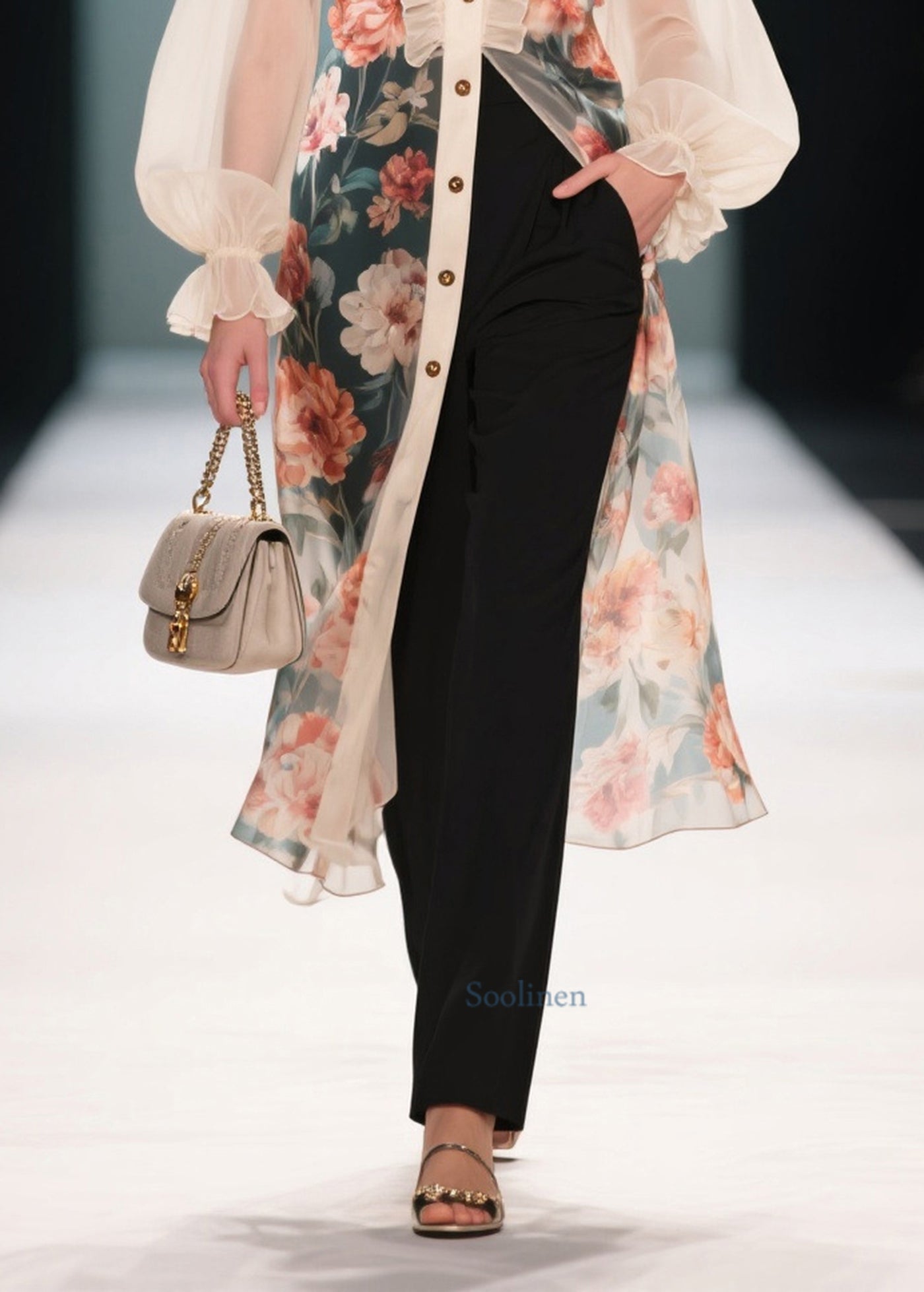 French Beige Ruffled Patchwork Print Chiffon Shirt Dresses Summer