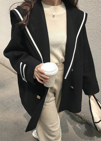 French Beige Sailor Collar Double Breast Pockets Woolen Coats Winter