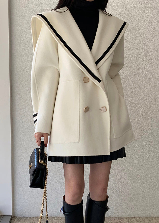 French Beige Sailor Collar Double Breast Pockets Woolen Coats Winter