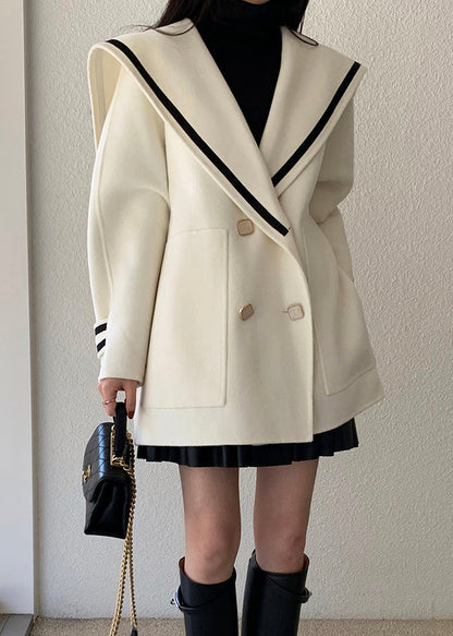 French Beige Sailor Collar Double Breast Pockets Woolen Coats Winter