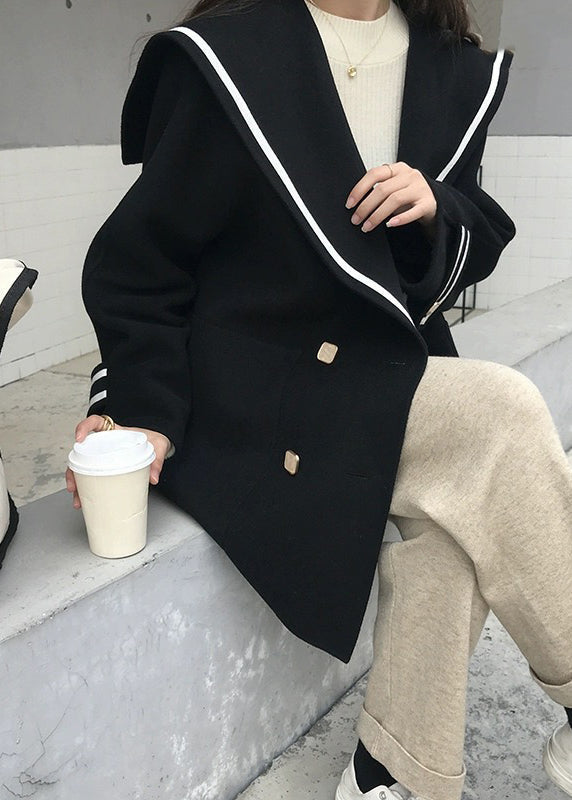 French Beige Sailor Collar Double Breast Pockets Woolen Coats Winter