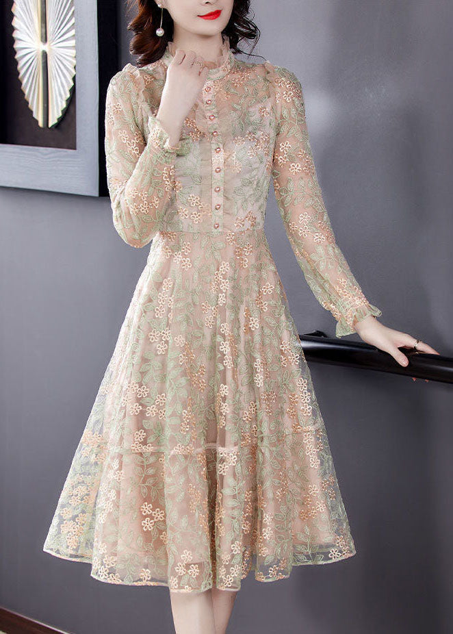 Französisch Beige Stehkragen Bestickt Extra Große Saum Tüll Kleider Frühling