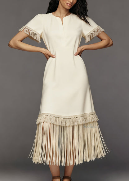 French Beige Tasseled Patchwork Cotton Maxi Dresses Summer