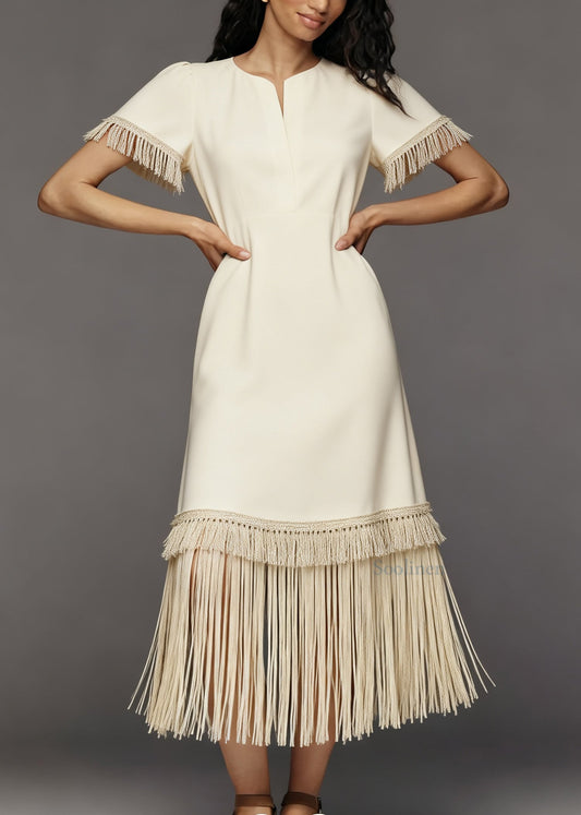 French Beige Tasseled Patchwork Cotton Maxi Dresses Summer