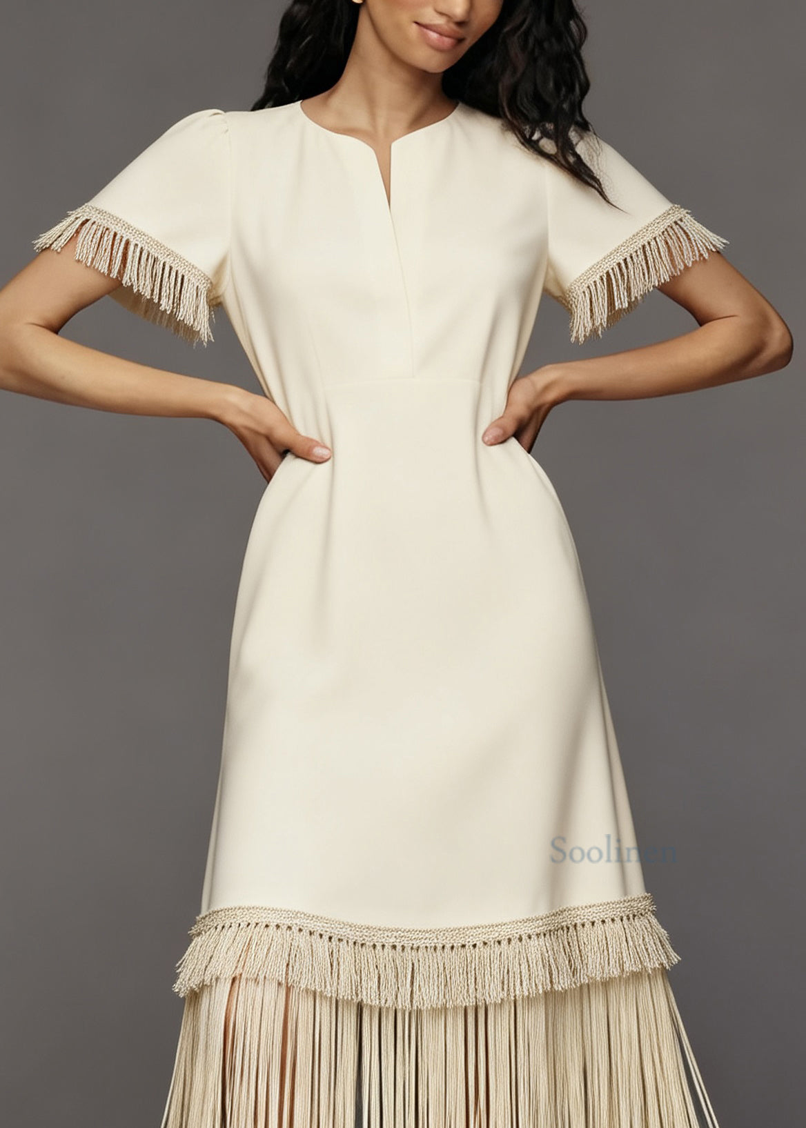 French Beige Tasseled Patchwork Cotton Maxi Dresses Summer