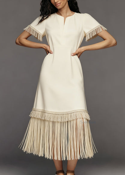 French Beige Tasseled Patchwork Cotton Maxi Dresses Summer