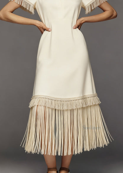 French Beige Tasseled Patchwork Cotton Maxi Dresses Summer
