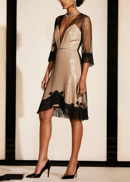 French Beige Tasseled Patchwork Tulle Work Dress Summer