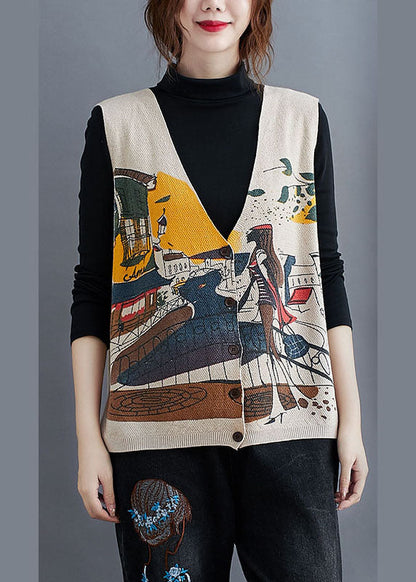 Französische beige V-Ausschnitt Knopfdruck Herbst ärmellose Strickweste