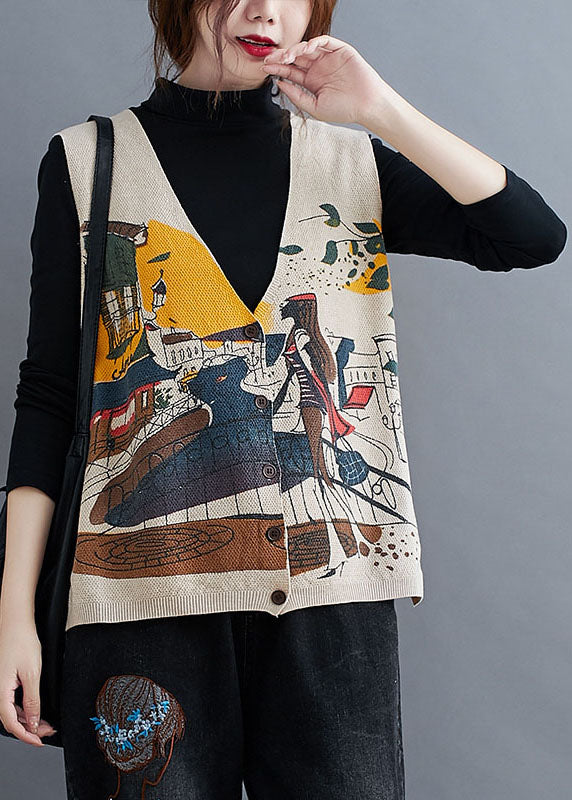 Französische beige V-Ausschnitt Knopfdruck Herbst ärmellose Strickweste