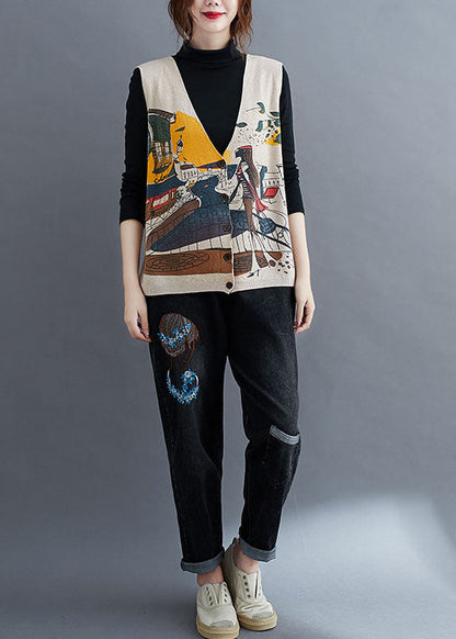 Französische beige V-Ausschnitt Knopfdruck Herbst ärmellose Strickweste