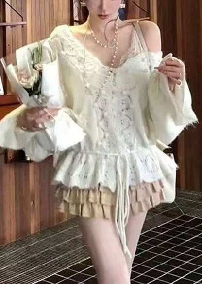 French Beige V Neck Hollow Out Knit Sweater Winter