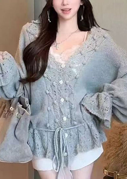 French Beige V Neck Hollow Out Knit Sweater Winter